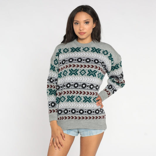 90s Grey Geometric Striped Knit Pullover Sweater Mens Large