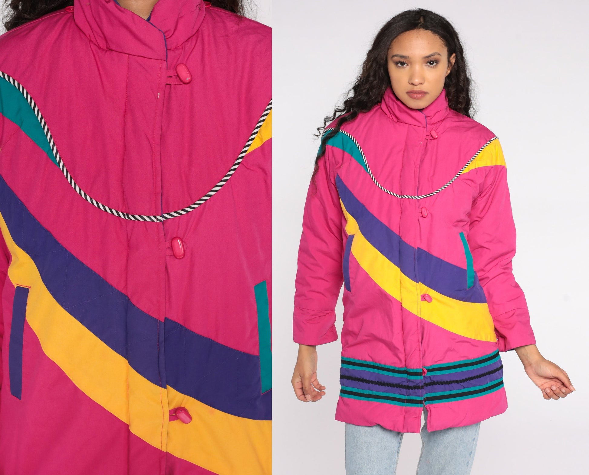 80s Neon Pink Puffer Ski Jacket Abstract Stripe Toggle Buttons Floral Lining Extra Small XS
