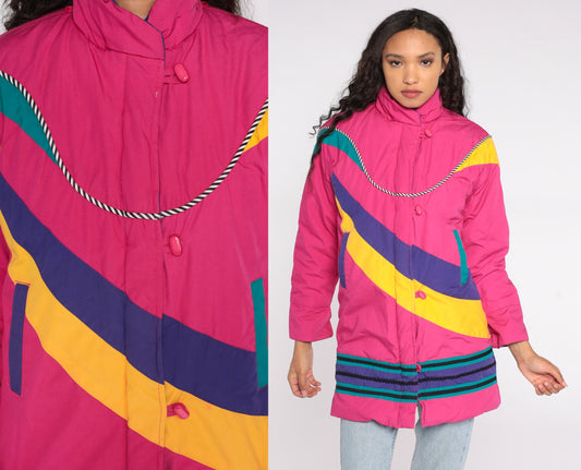 80s Neon Pink Puffer Ski Jacket Abstract Stripe Toggle Buttons Floral Lining Extra Small XS