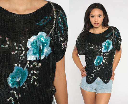 80s Sequin Floral Blouse Black Blue Metallic Short Sleeve Small Medium