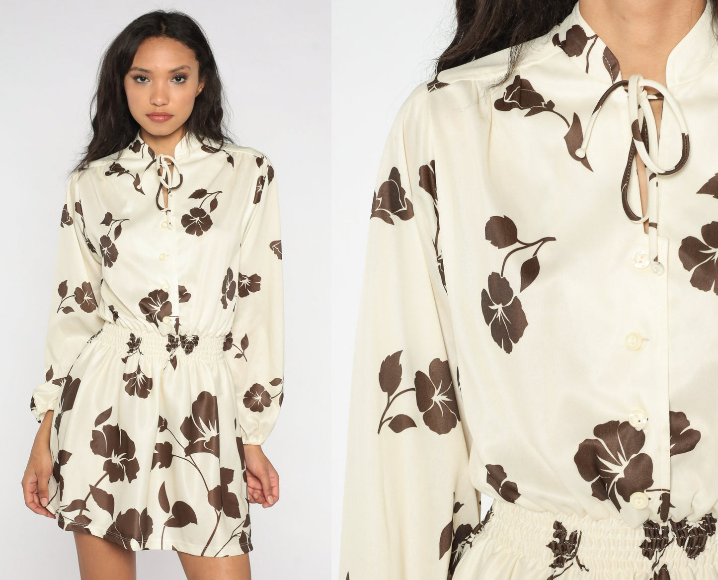 70s Floral Blouson Mini Dress Cream Brown Long Sleeve Smocked Waist Small
