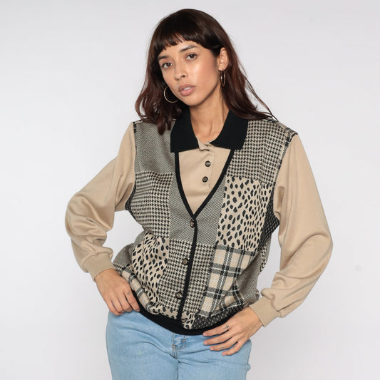80s Patchwork Sweatshirt with Attached Vest Plaid Houndstooth Leopard Large L