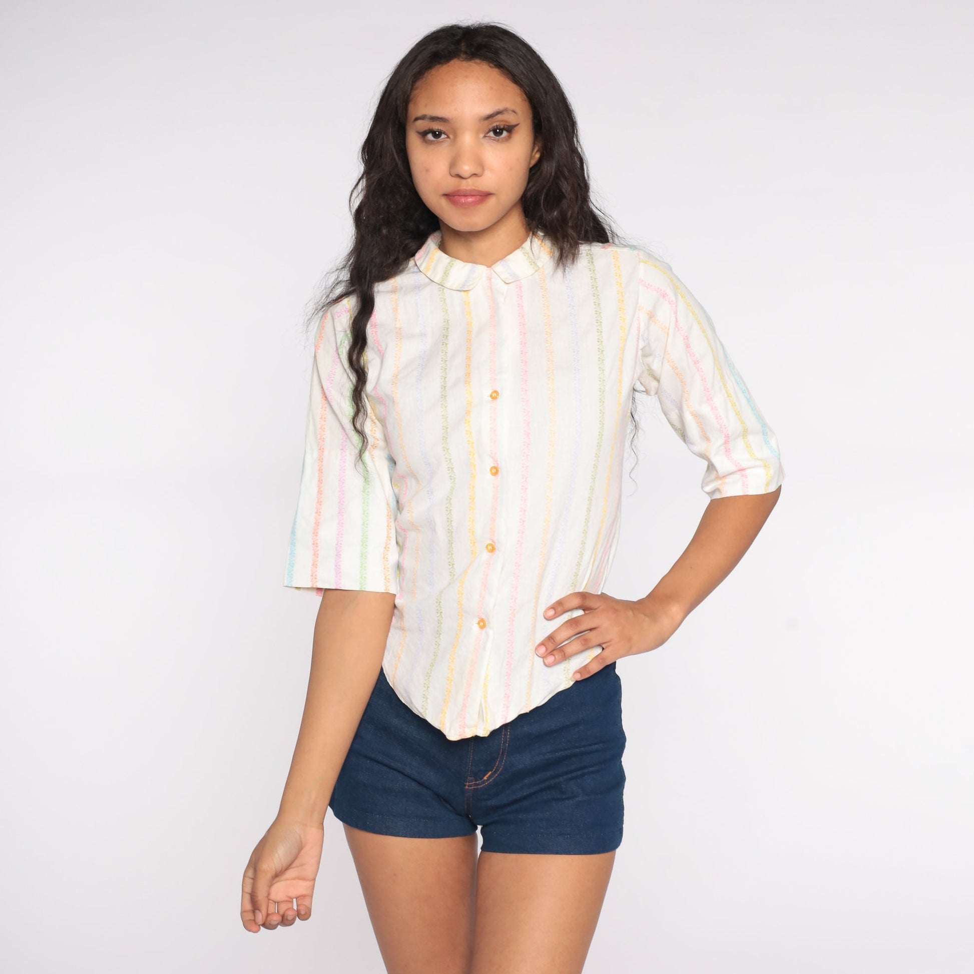 60s Rainbow Striped Button-Up Blouse Cotton Shirt White Collar Extra Small