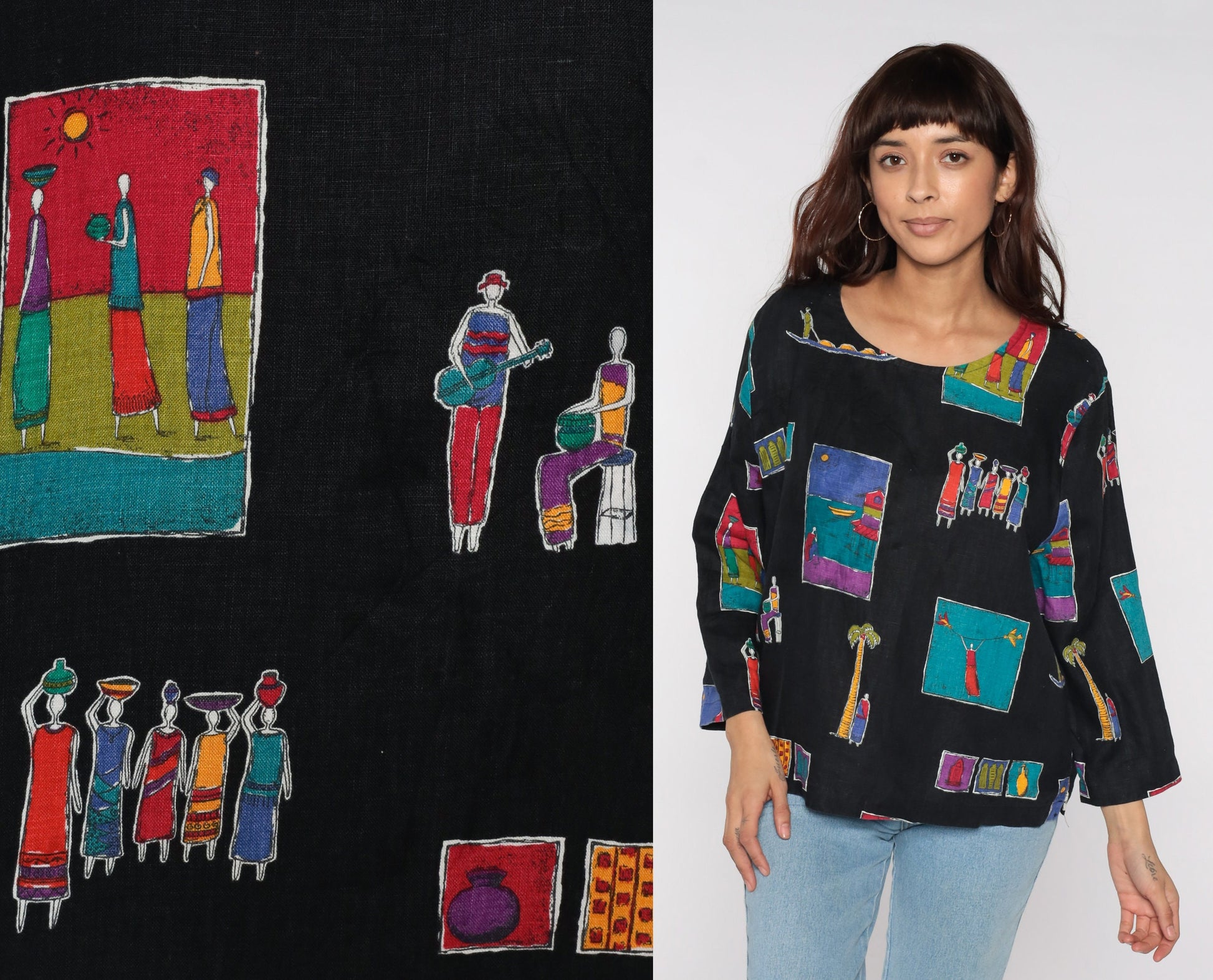 90s Village Print Black Blouse Long Sleeve Button Up Novelty Seaside Large L