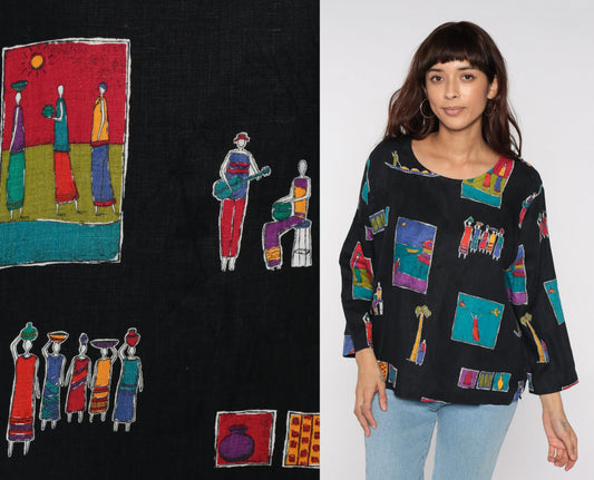90s Village Print Black Blouse Long Sleeve Button Up Novelty Seaside Large L