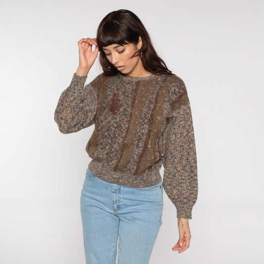 80s Brown Striped Wool Blend Crewneck Sweater Pullover Medium M