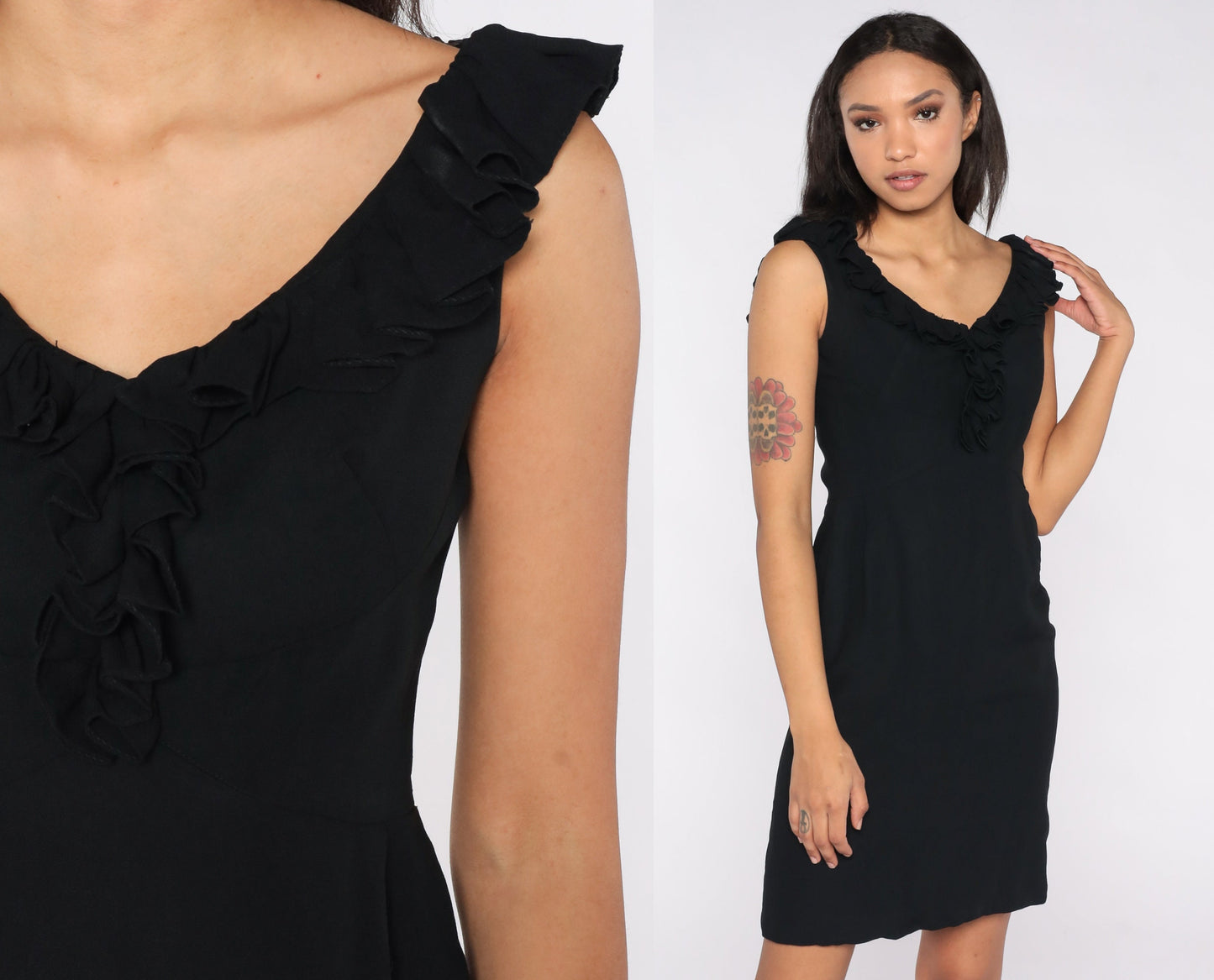 1960s Black Sheath Dress Ruffled Neckline High Waist Pencil Skirt Small