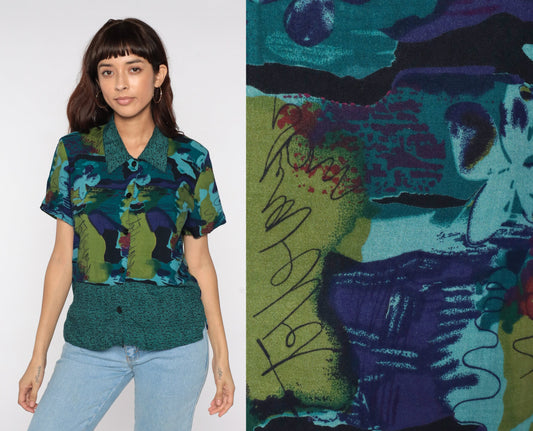 90s Abstract Watercolor Button-Up Blouse Dark Blue Green Short Sleeve Medium
