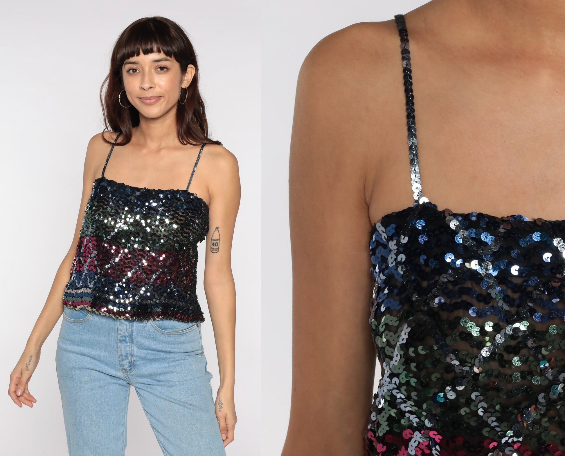 80s Black Sequin Tank Top Striped Diamond Pattern Crop Spaghetti Strap Medium