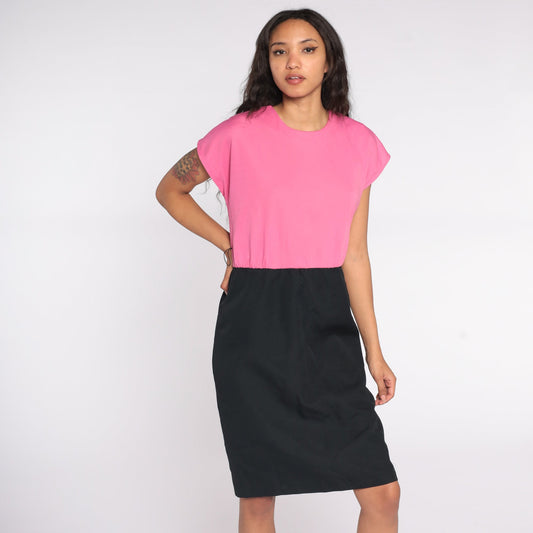 80s Black Pink Color Block Midi Sheath Dress Cap Sleeve Medium