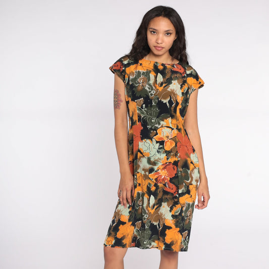90s Floral Midi Dress Rayon Short Sleeve Sheath Green Yellow Medium Large