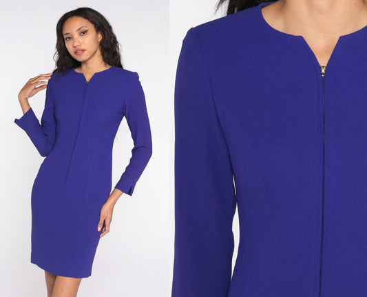 90s Liz Claiborne Purple Mini Dress Long Sleeve Sheath Front Zip Extra Small