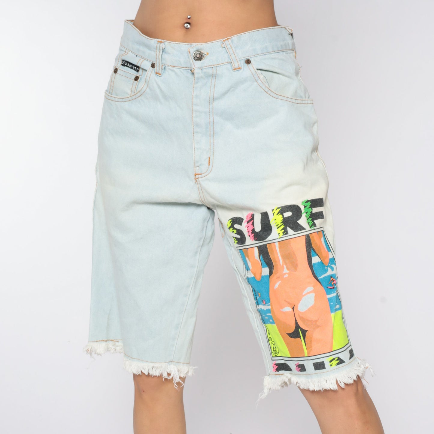 90s Neon Surfer Denim Shorts High Waisted Blue Jean Bermuda Medium