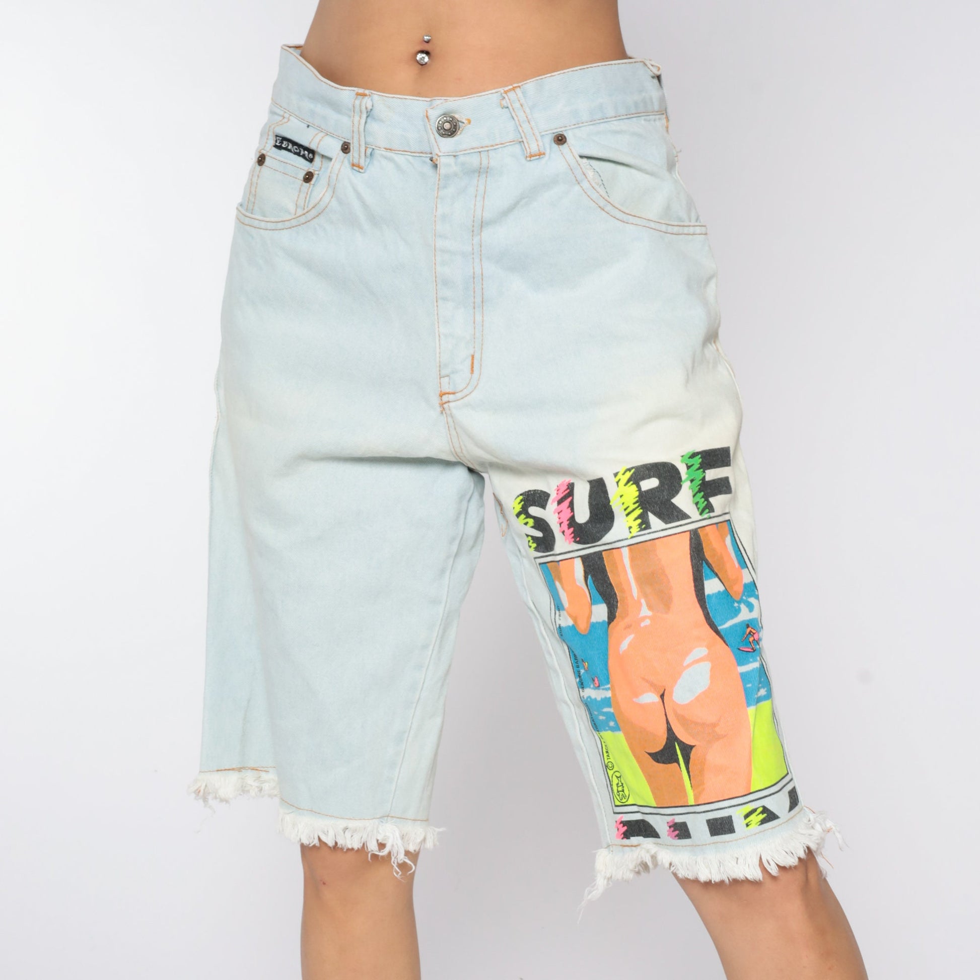 90s Neon Surfer Denim Shorts High Waisted Blue Jean Bermuda Medium