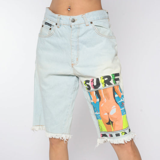 90s Neon Surfer Denim Shorts High Waisted Blue Jean Bermuda Medium