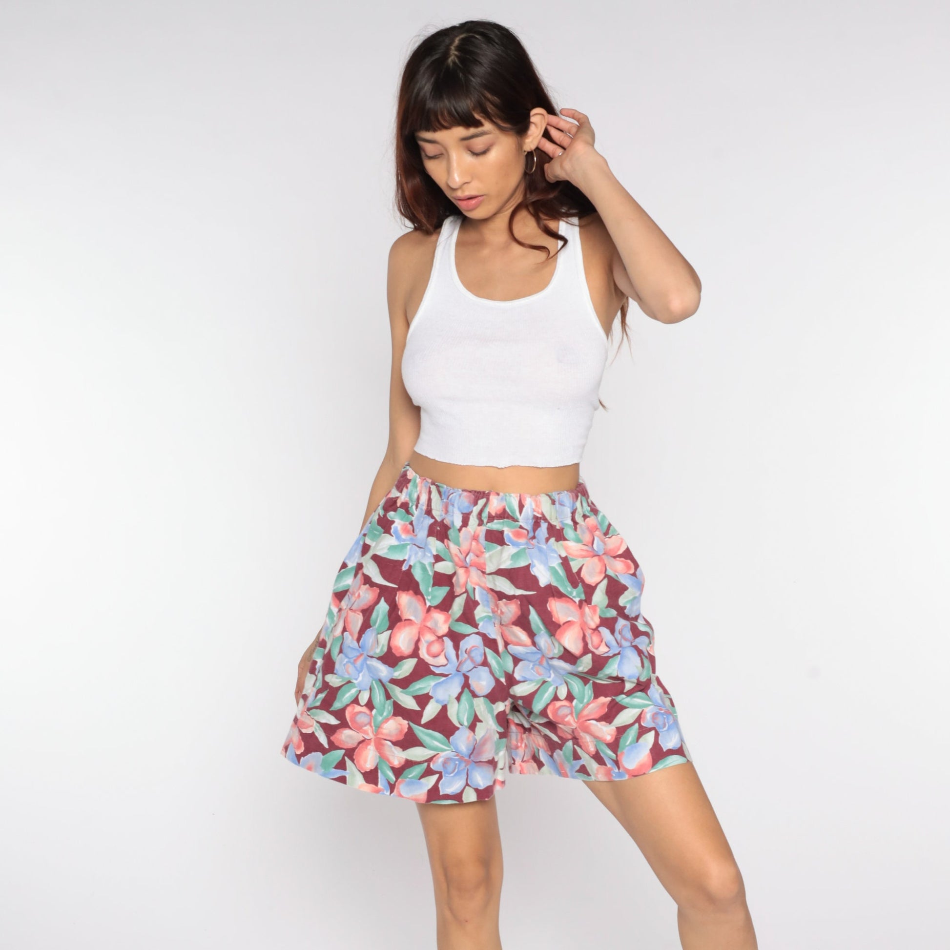 90s Floral High-Waist Baggy Shorts Burgundy Wide Leg Small Medium