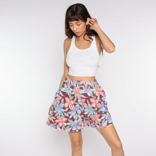90s Floral High-Waist Baggy Shorts Burgundy Wide Leg Small Medium