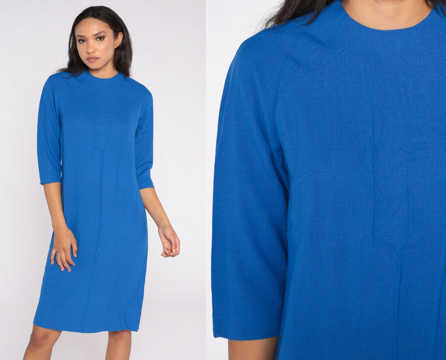 70s Blue Shift Dress Midi Length Raglan Sleeve Medium