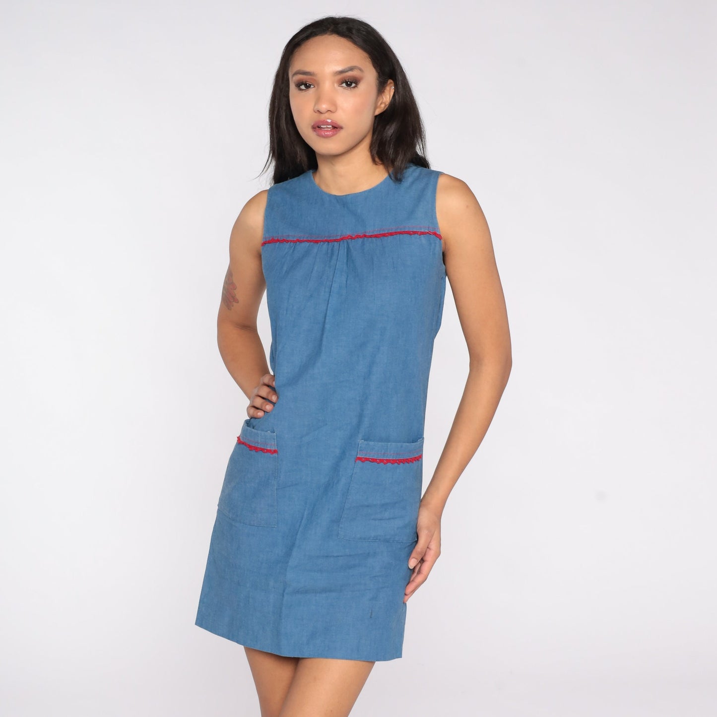 60s Blue Mod Shift Mini Dress Sleeveless Rear Zip Extra Small