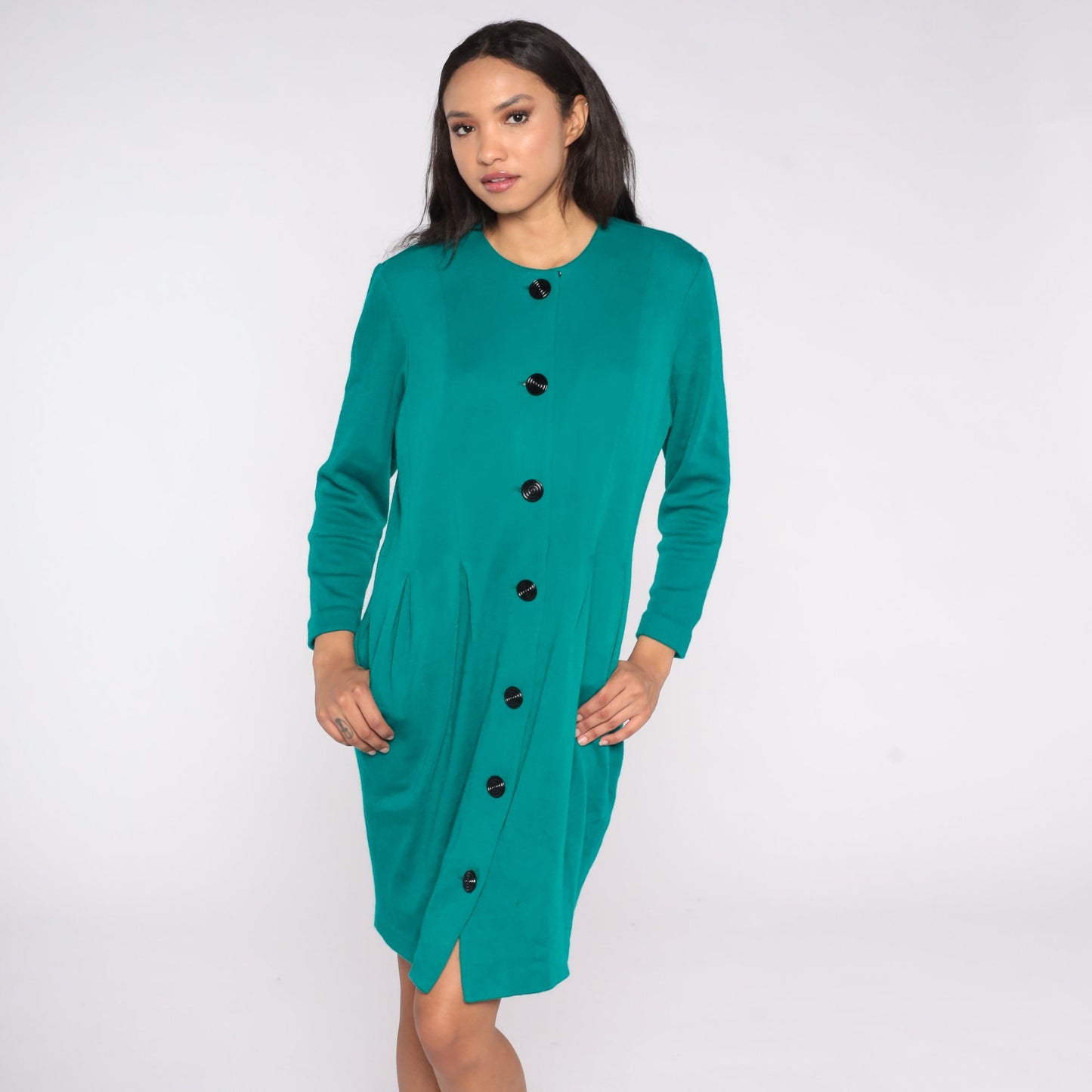 80s Teal Button-Up Mini Dress Sheath Cut Short Sleeve Large L