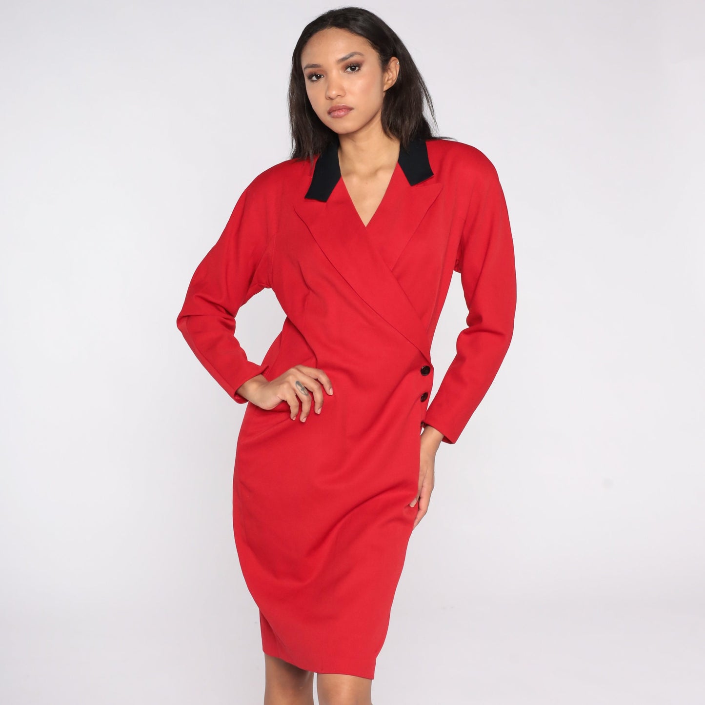 80s Red Wool Wrap Dress High Waist V Neck Midi Long Sleeve Medium 8