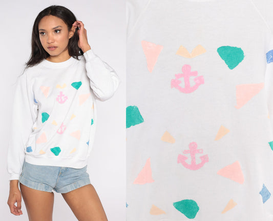 80s Hand Painted Anchor Raglan Sweatshirt White Nautical Graphic Large