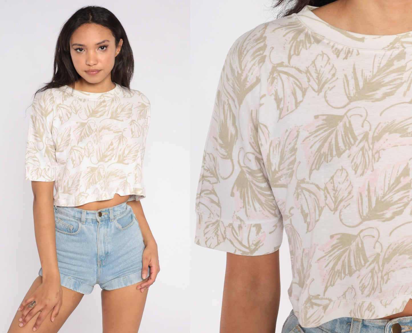 90s Leaf Print Crop Top White Cotton T-Shirt Small S