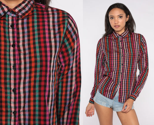 80s Rainbow Checkered Silk Button-Up Blouse Long Sleeve Collared Medium