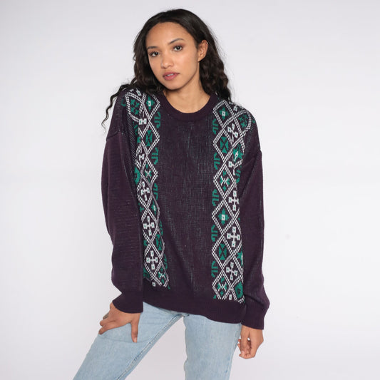 80s Fair Isle Sweater Eggplant Purple Geometric Knit Crewneck Extra Large