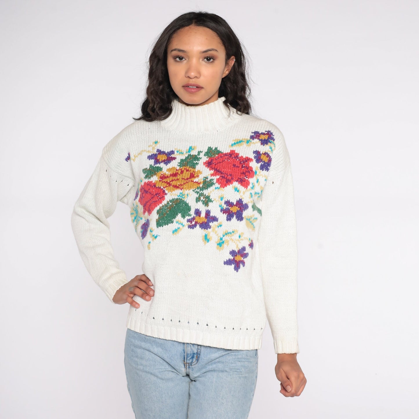 90s White Floral Mock Neck Sweater Cotton Ramie Knit Pullover Medium