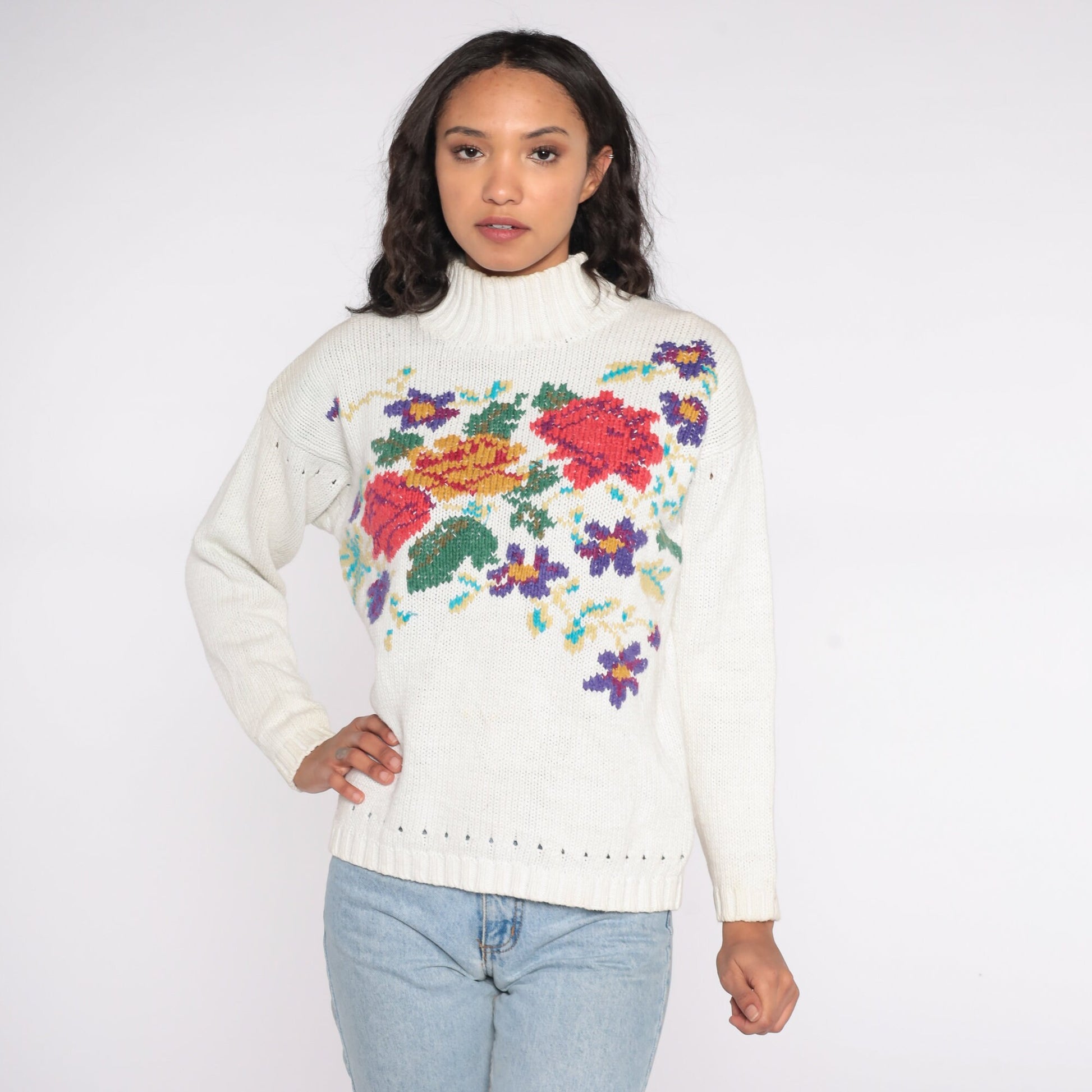 90s White Floral Mock Neck Sweater Cotton Ramie Knit Pullover Medium