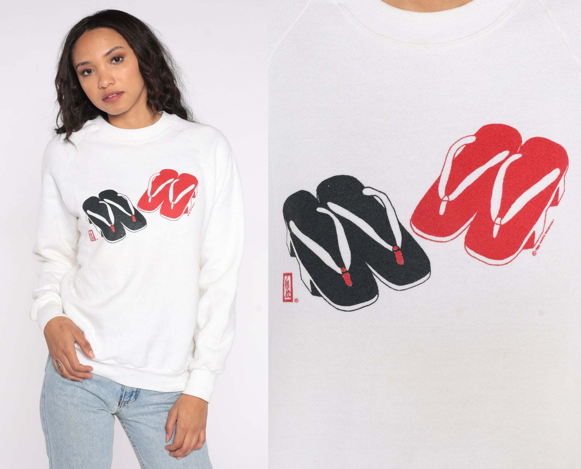 80s Japanese Geta Sandal Graphic Sweatshirt White Raglan Crewneck Medium