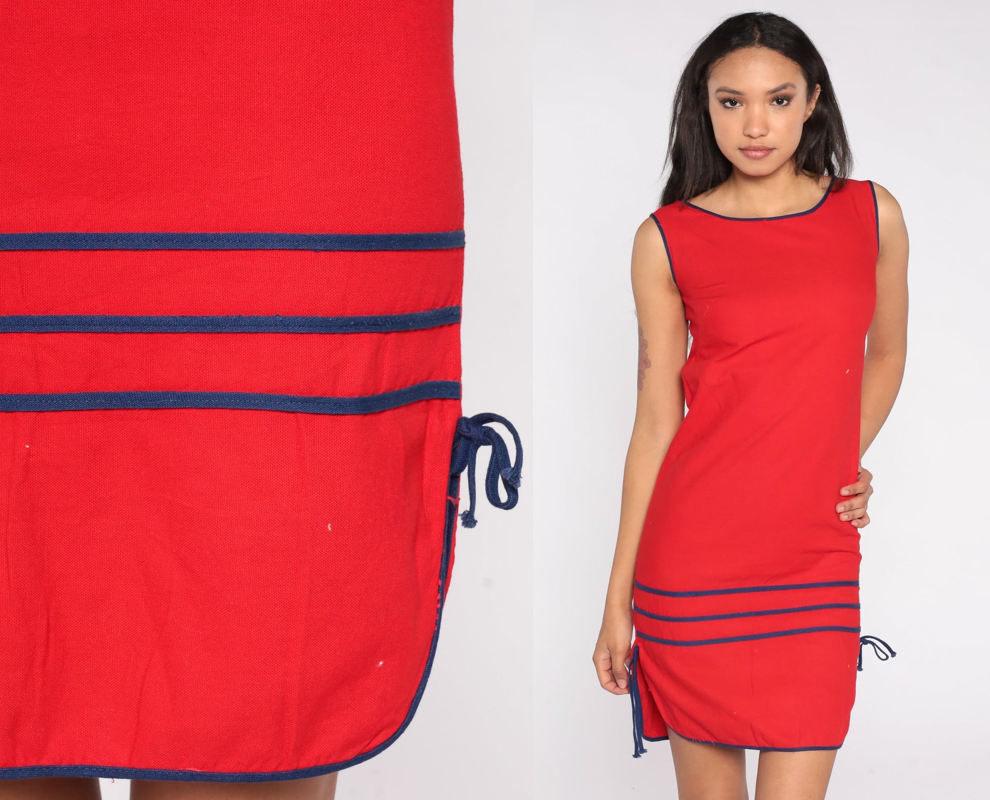 80s Red Mini Sheath Dress Striped Trim Sleeveless Extra Small