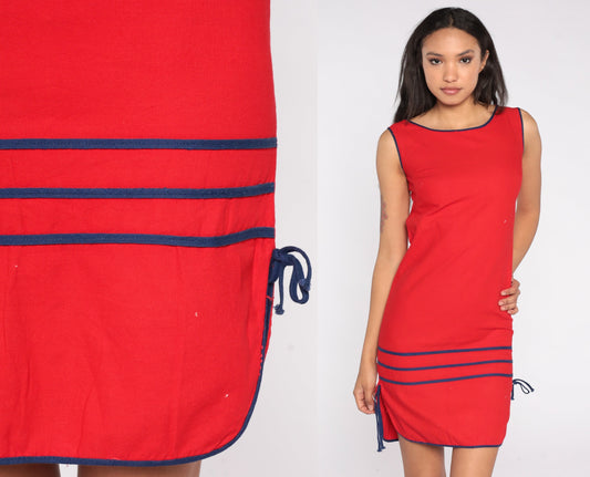 80s Red Mini Sheath Dress Striped Trim Sleeveless Extra Small