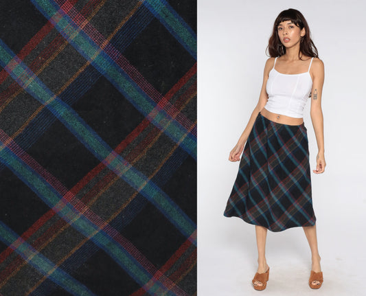 70s Wool Plaid Midi Skirt High Waist Tartan Black Blue Medium Large