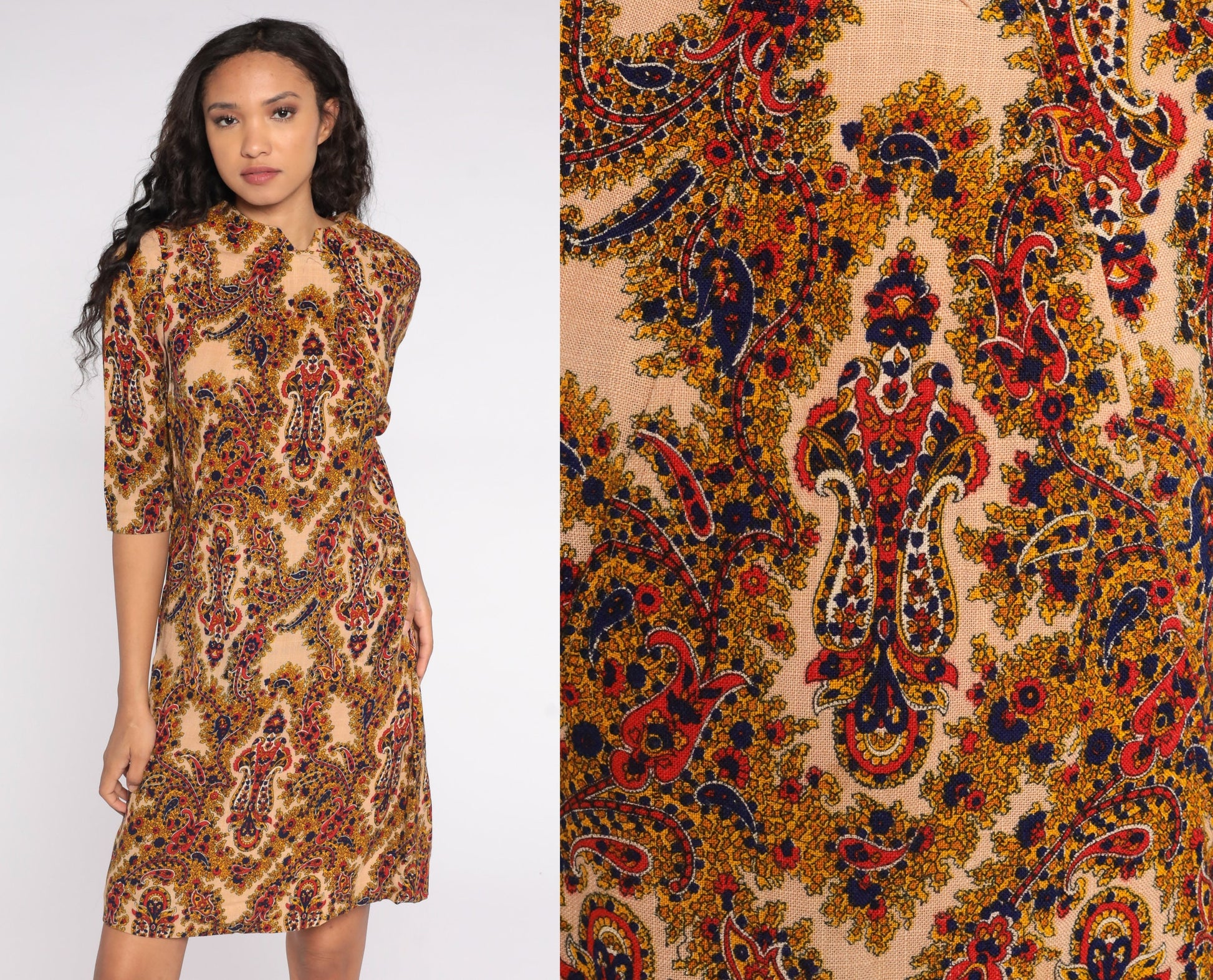 70s Paisley Floral Shift Dress Tan V-Neck Medium M