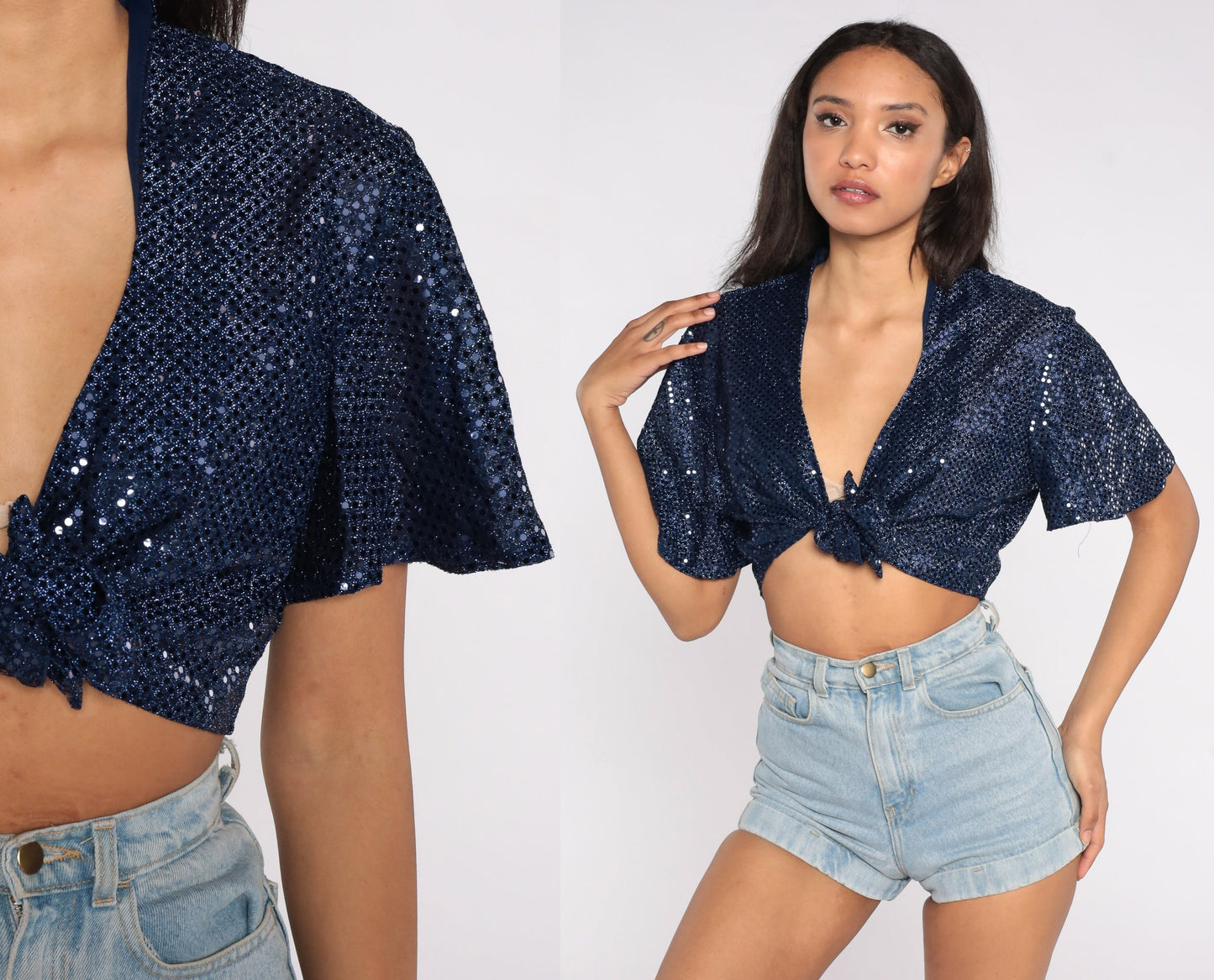 90s Blue Sequin Crop Top Tie Front Short Sleeve Blouse Large