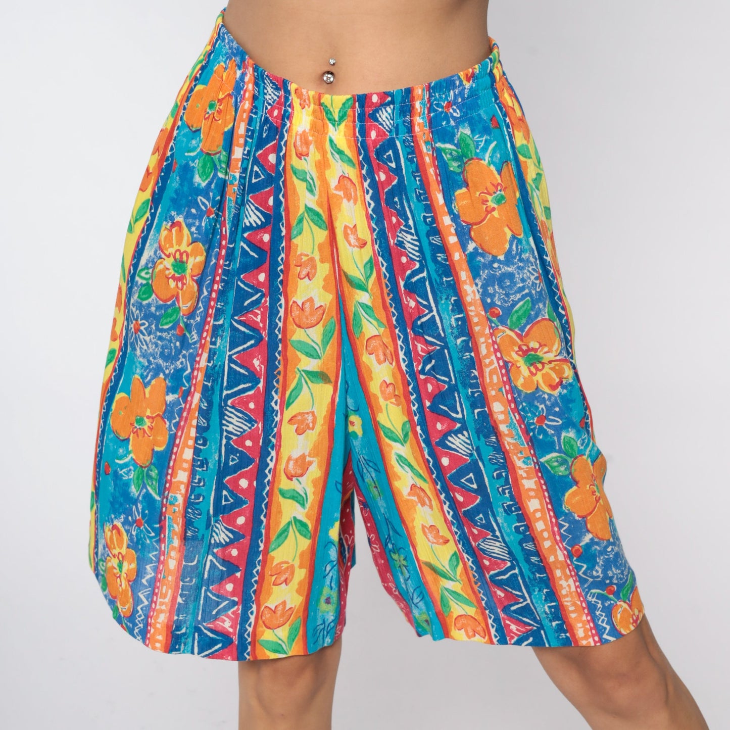 80s Floral High-Waist Shorts Tropical Print Elastic Waist Large L