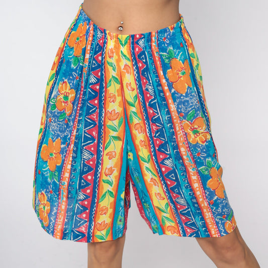 80s Floral High-Waist Shorts Tropical Print Elastic Waist Large L
