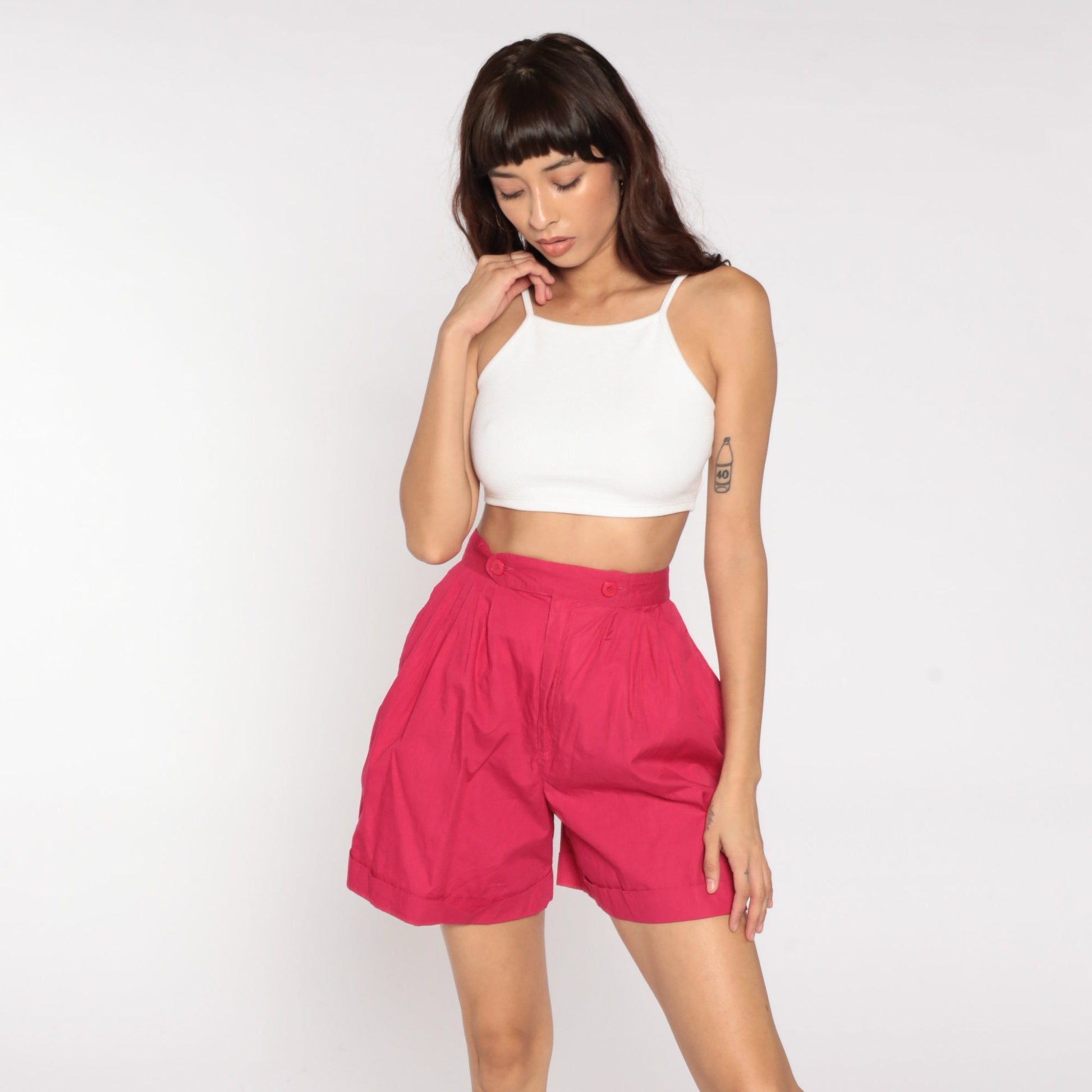 80s Deep Pink High-Waisted Pleated Cotton Shorts Small