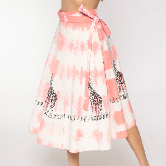 70s Tie Dye Giraffe Print Wrap Skirt Midi Pink High Waisted Small