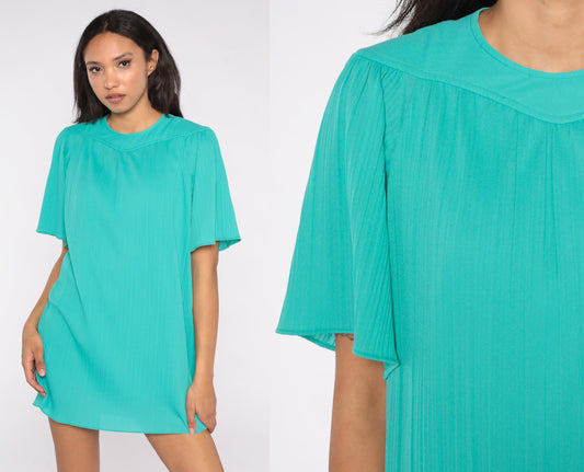 70s Teal Tent Mini Dress Pleated Flutter Sleeve Keyhole Back Large L