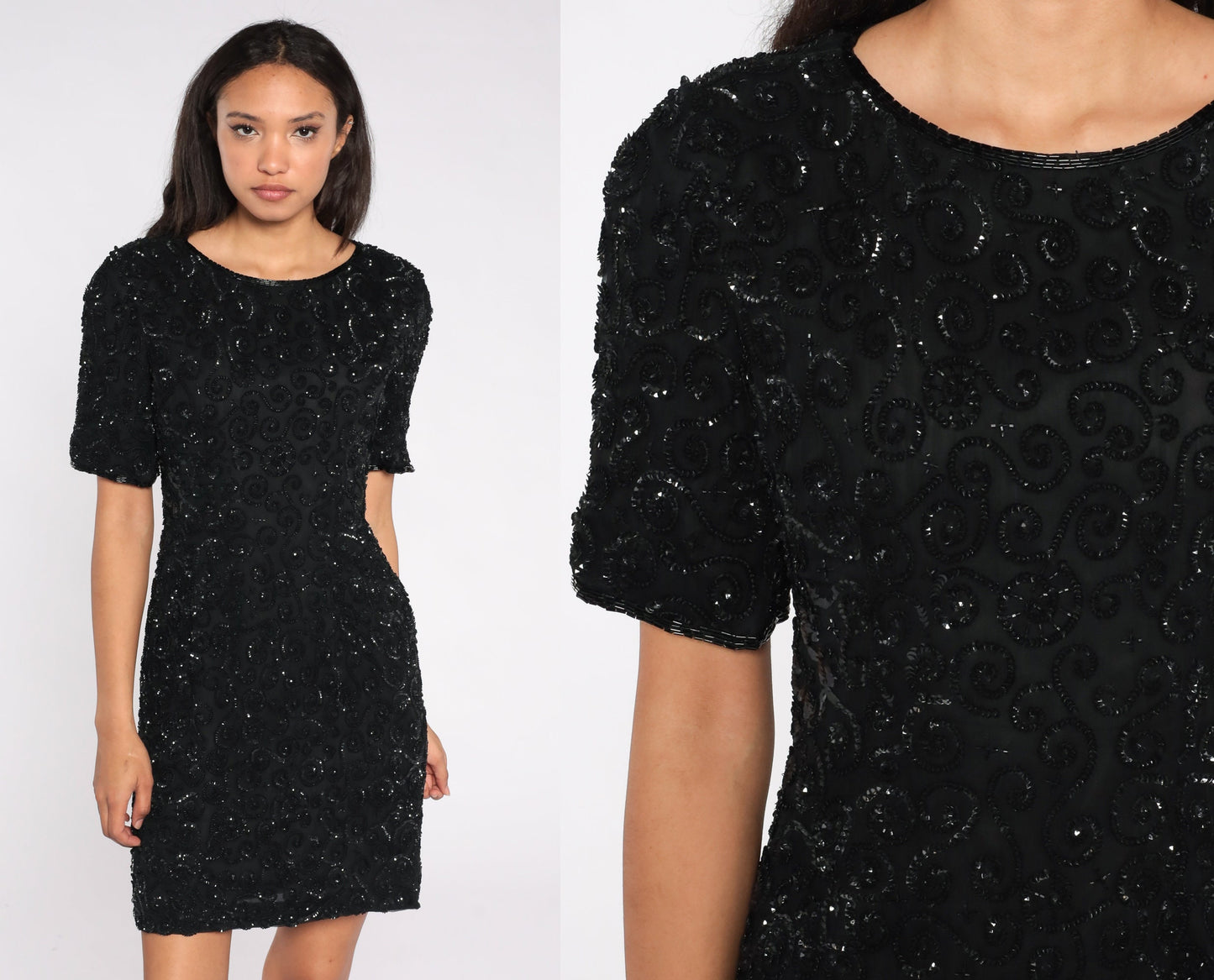80s Black Silk Sequin Mini Dress Short Sleeve Zipper Back Small S
