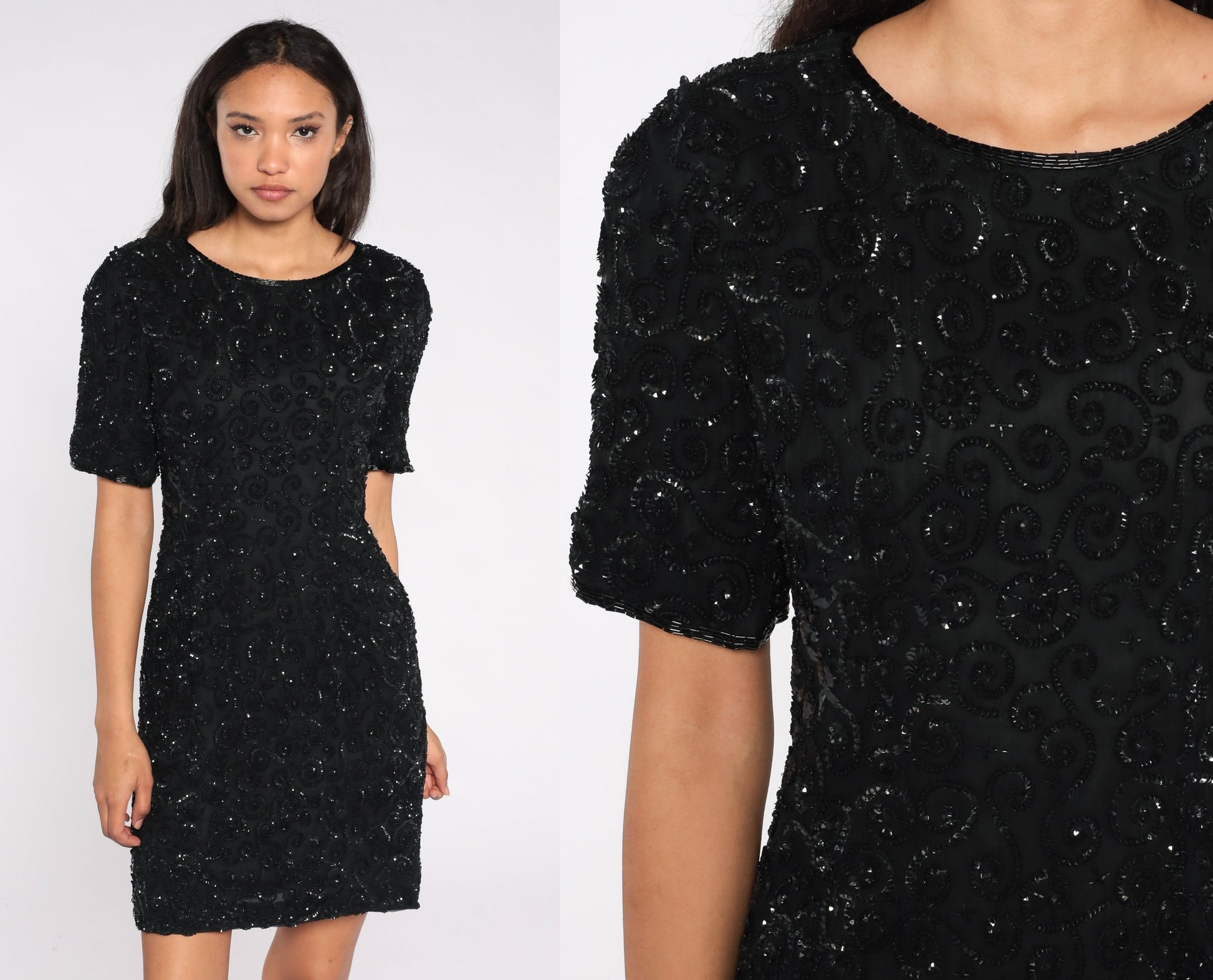 80s Black Silk Sequin Mini Dress Short Sleeve Zipper Back Small S