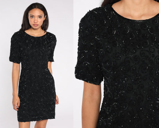 80s Black Silk Sequin Mini Dress Short Sleeve Zipper Back Small S