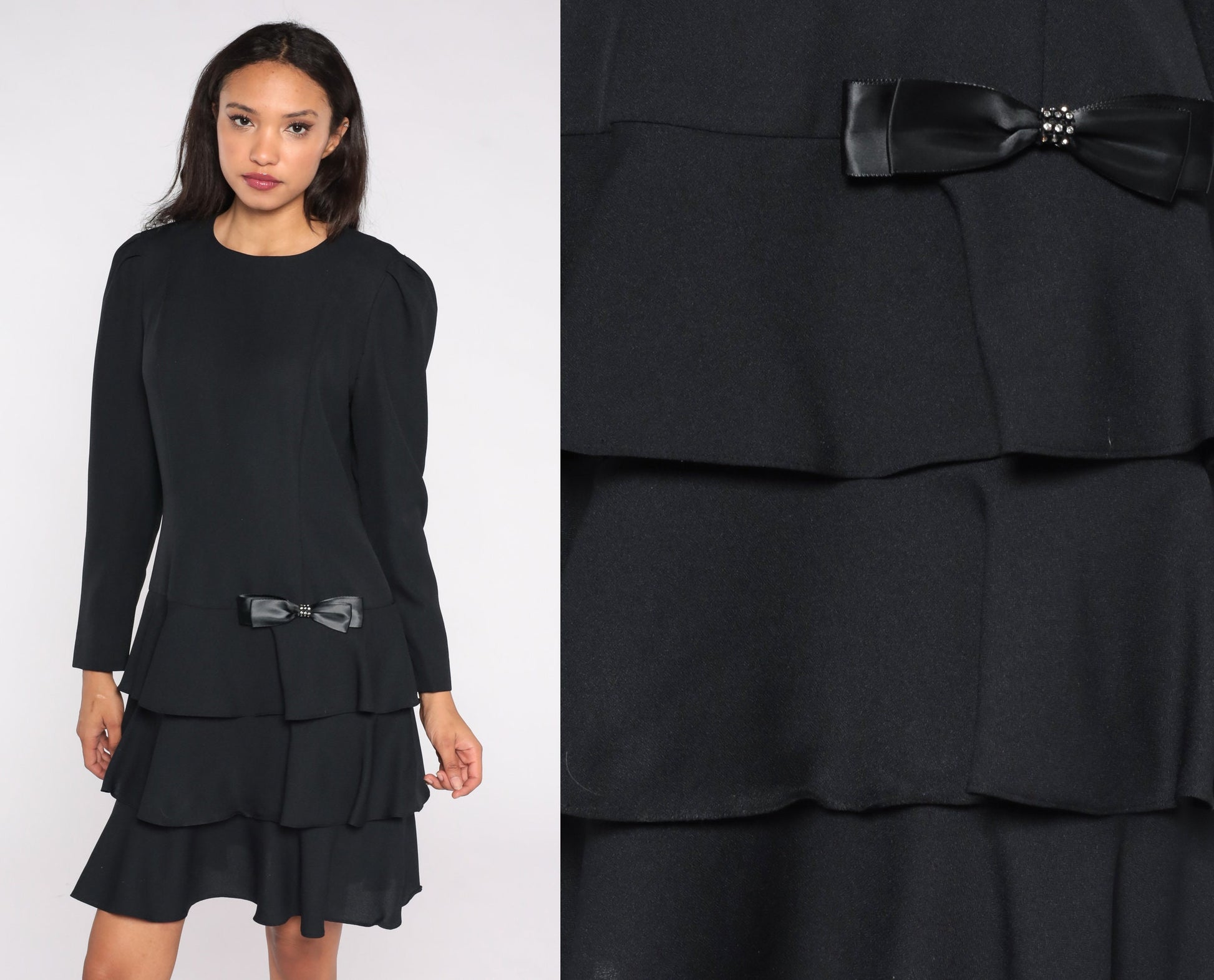 80s Black Drop Waist Dress Ruffled Skirt Puff Sleeve Bow Medium