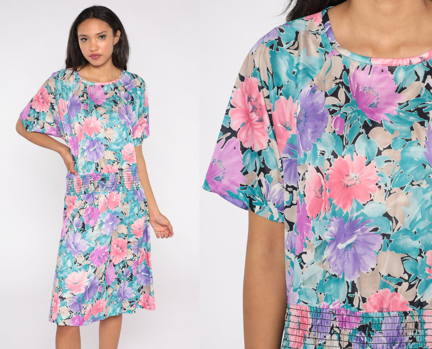 80s Floral Midi Dress Elastic Waist Short Sleeve Blouson Large L