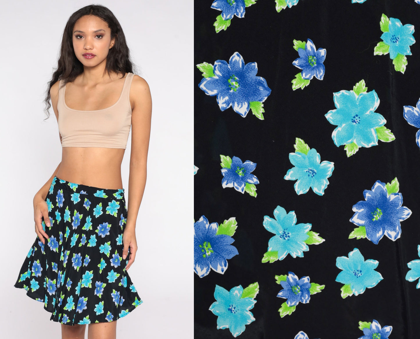 90s Floral Mini Skirt Black Blue Flower Print Rayon Medium