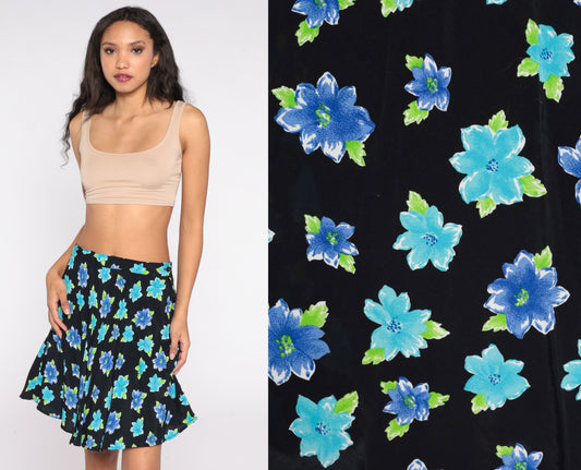 90s Floral Mini Skirt Black Blue Flower Print Rayon Medium