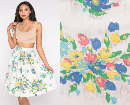60s Floral Mini Skirt Pleated High Waist White Watercolor Cotton XS